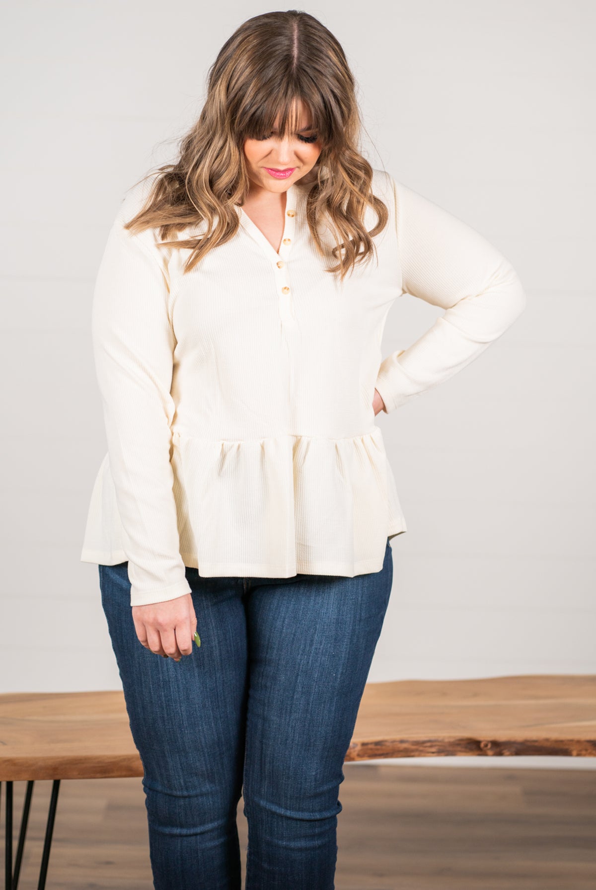 Blu Pepper Color: Ivory Ribbed Knit Long Sleeves Henley Neckline 94% POLYESTER 6% SPANDEX Style #: PCR1253 Contact us for any additional measurements or sizing.