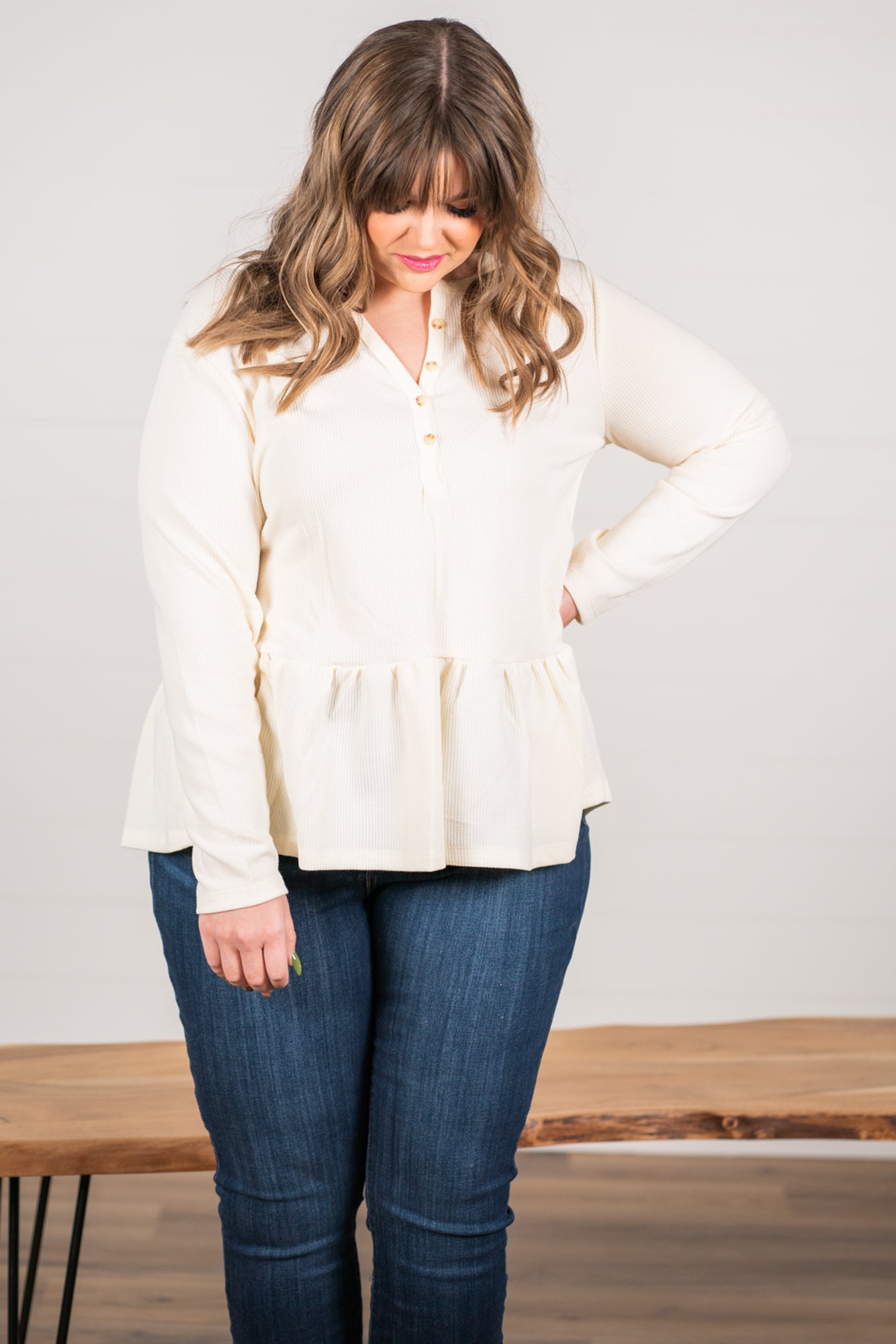 Blu Pepper Color: Ivory Ribbed Knit Long Sleeves Henley Neckline 94% POLYESTER 6% SPANDEX Style #: PCR1253 Contact us for any additional measurements or sizing.