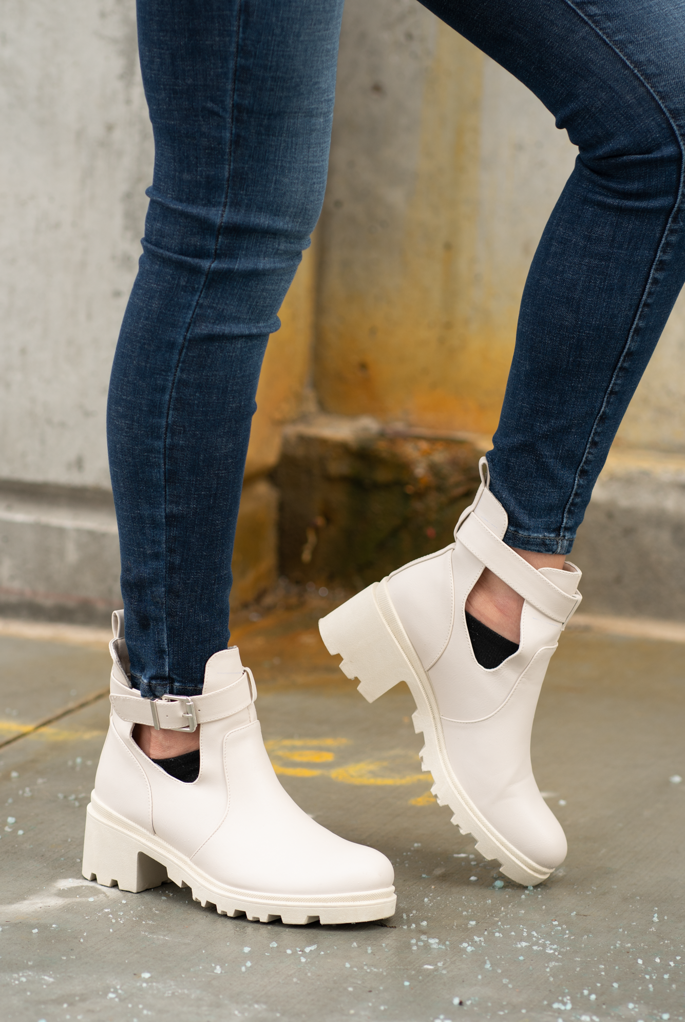 Boots by Qupid Style Name: Vigor Buckle Bootie Color: Stone Cut: Strapped Open Bootie 3" Stacked Heel Material. Outsole: Rubber Upper: Textile/Manmade Contact us for any additional measurements or sizing.