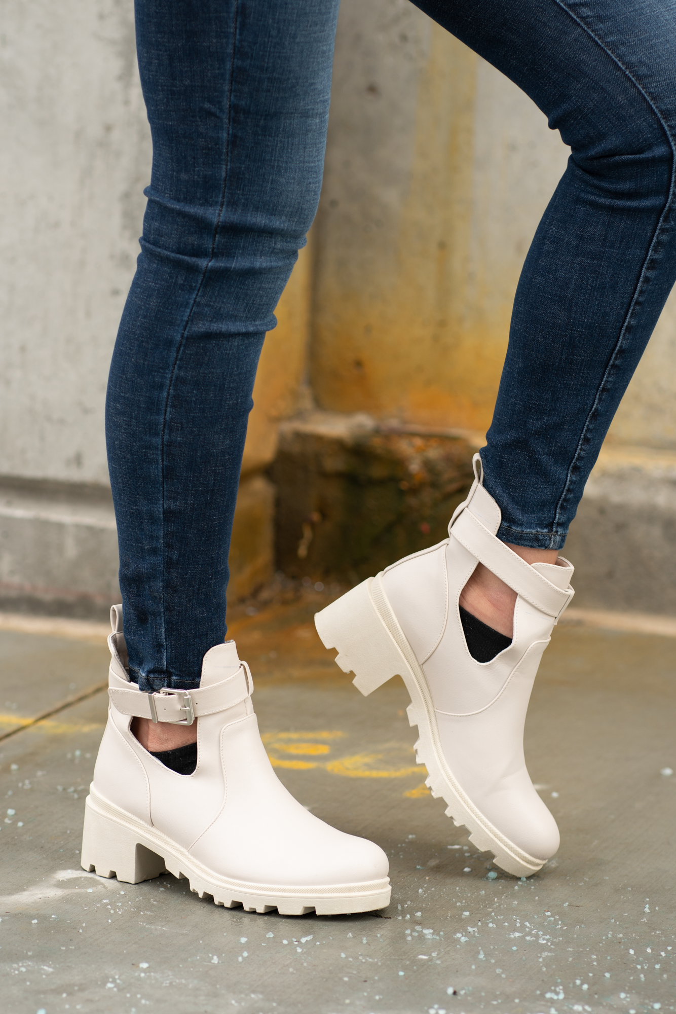 Boots by Qupid Style Name: Vigor Buckle Bootie Color: Stone Cut: Strapped Open Bootie 3" Stacked Heel Material. Outsole: Rubber Upper: Textile/Manmade Contact us for any additional measurements or sizing.