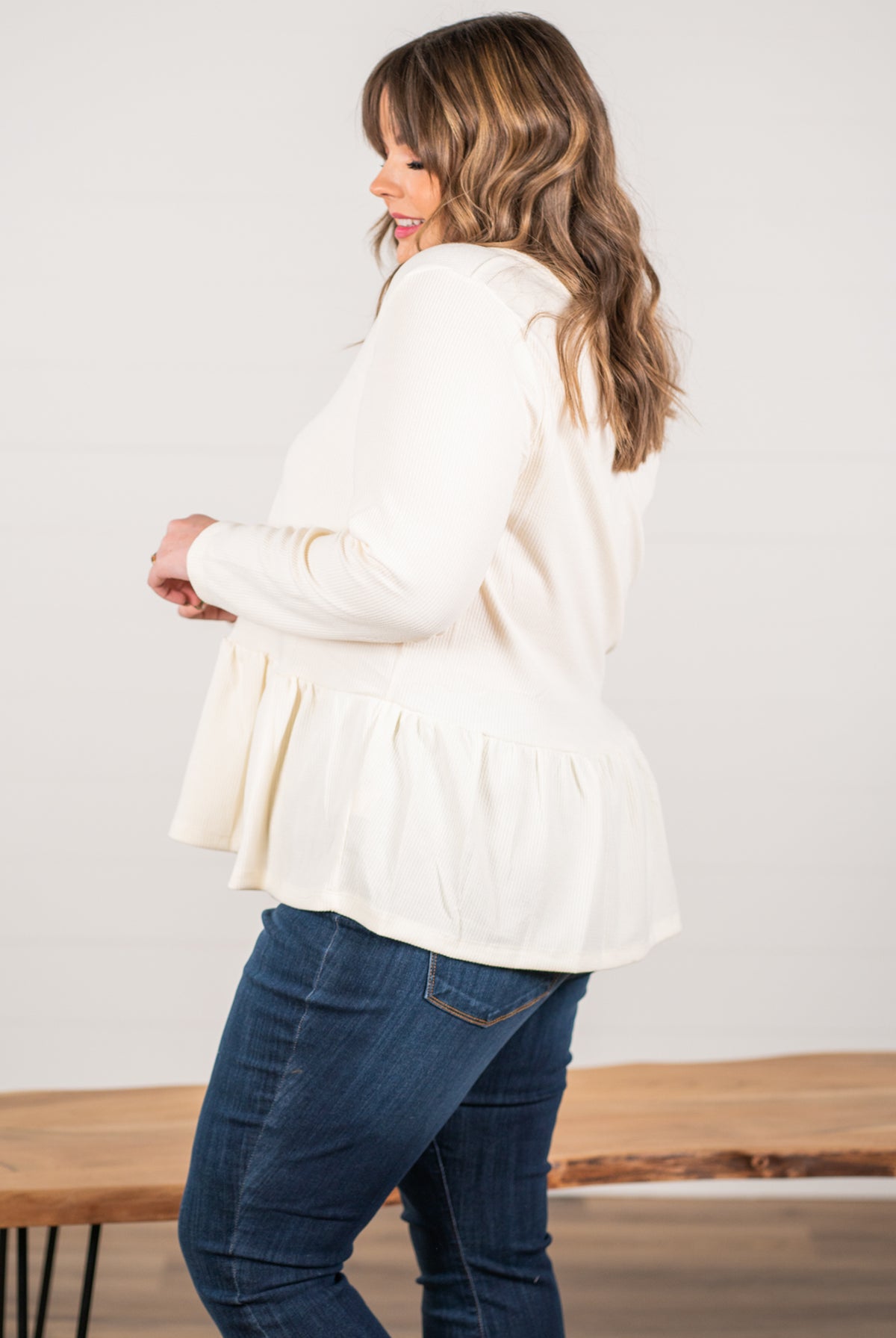Blu Pepper Color: Ivory Ribbed Knit Long Sleeves Henley Neckline 94% POLYESTER 6% SPANDEX Style #: PCR1253 Contact us for any additional measurements or sizing.