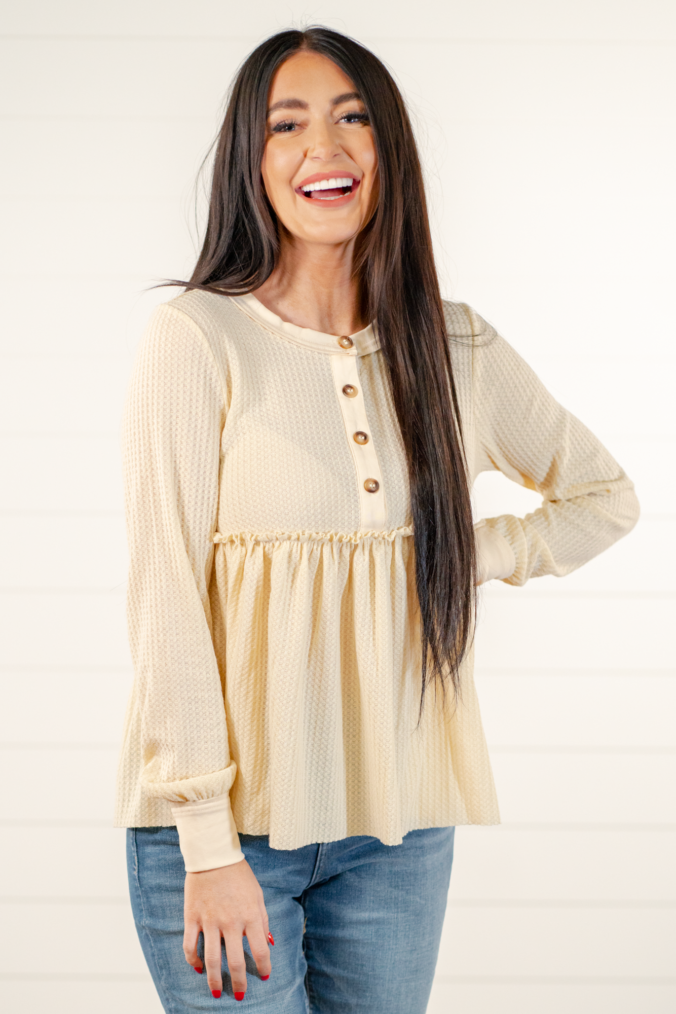 Blu Pepper Color: Oatmeal Long Sleeves Button Neckline Waffle Knit SELF: 97% POLYESTER 3% SPANDEX - CONT: 95% COTTON 5% SPANDEX Style #: BTST1184 Contact us for any additional measurements or sizing.