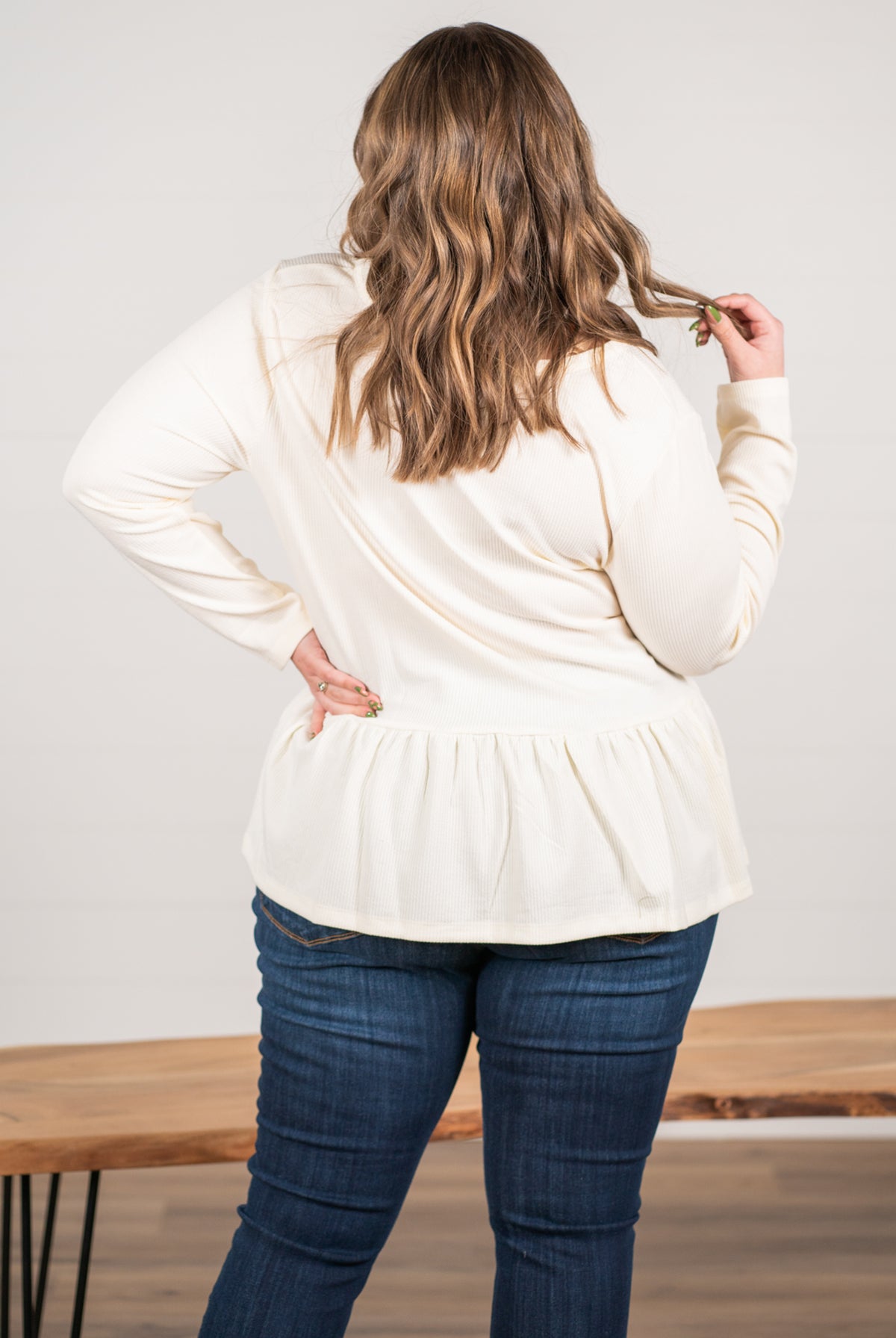 Blu Pepper Color: Ivory Ribbed Knit Long Sleeves Henley Neckline 94% POLYESTER 6% SPANDEX Style #: PCR1253 Contact us for any additional measurements or sizing.
