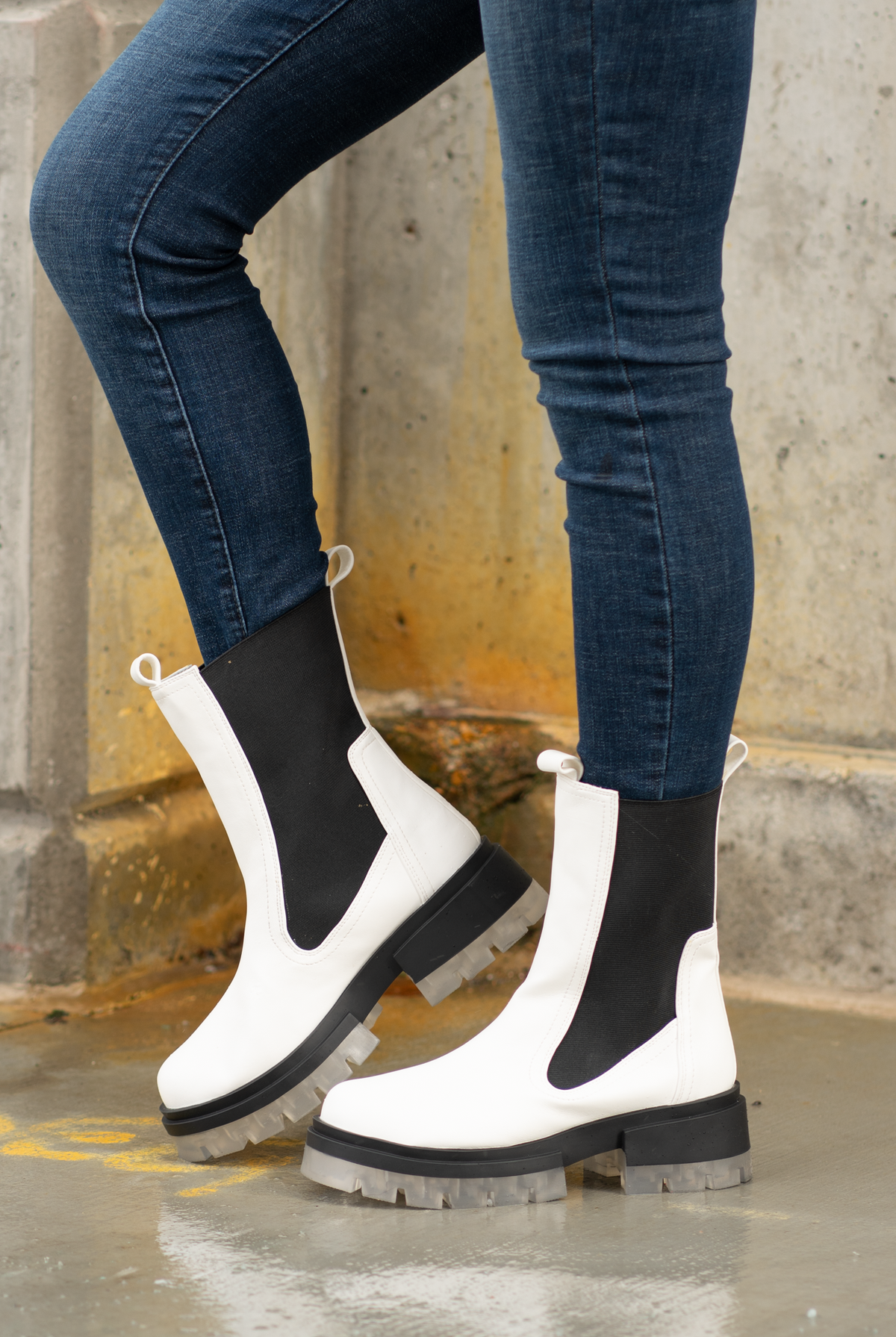 Boots by Qupid Style Name: Outshine Chelsea Color: White Cut: Pull-On Open Boot 3" Stacked Heel Algae Foam Insole Material. Outsole: Rubber Upper: Textile/Manmade Recycled Material Contact us for any additional measurements or sizing.