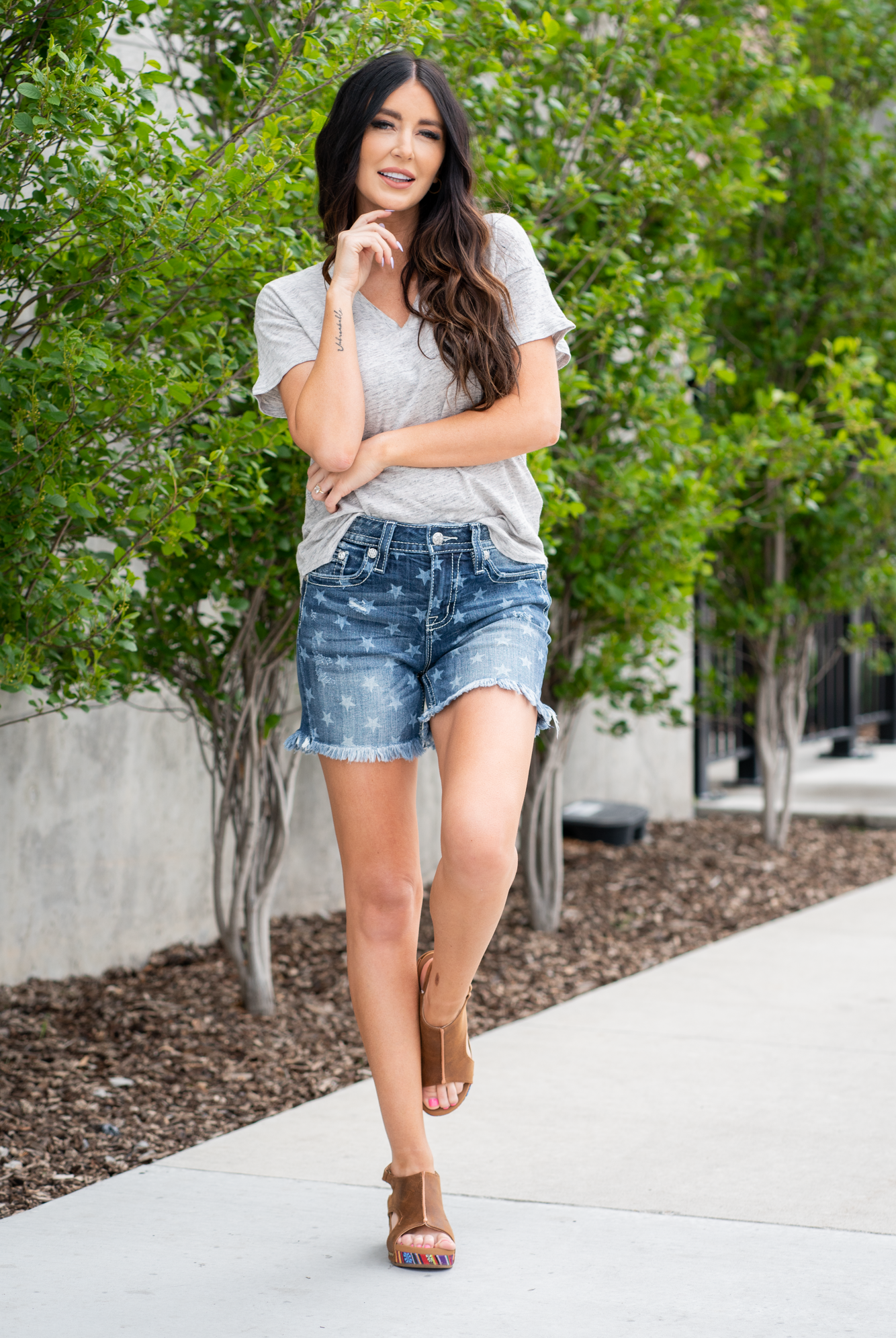 Miss Me Women's High Rise Fray Hem Shorts. Wash: Dark Wash High Rise, 10.5" Front Rise* Inseam: 5" Inseam* Material: 98% Cotton 2% Elastane Sequin Trim and Rhinestone Rivets Style #: H3636D46 Contact us for any additional measurements or sizing. *Measured on the smallest size, measurements may vary by size.