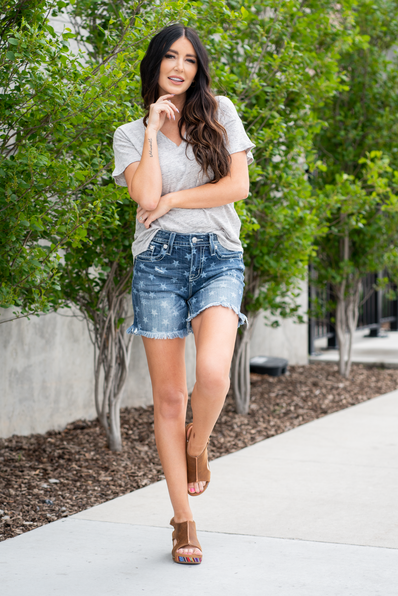 Miss Me Women's High Rise Fray Hem Shorts. Wash: Dark Wash High Rise, 10.5" Front Rise* Inseam: 5" Inseam* Material: 98% Cotton 2% Elastane Sequin Trim and Rhinestone Rivets Style #: H3636D46 Contact us for any additional measurements or sizing. *Measured on the smallest size, measurements may vary by size.