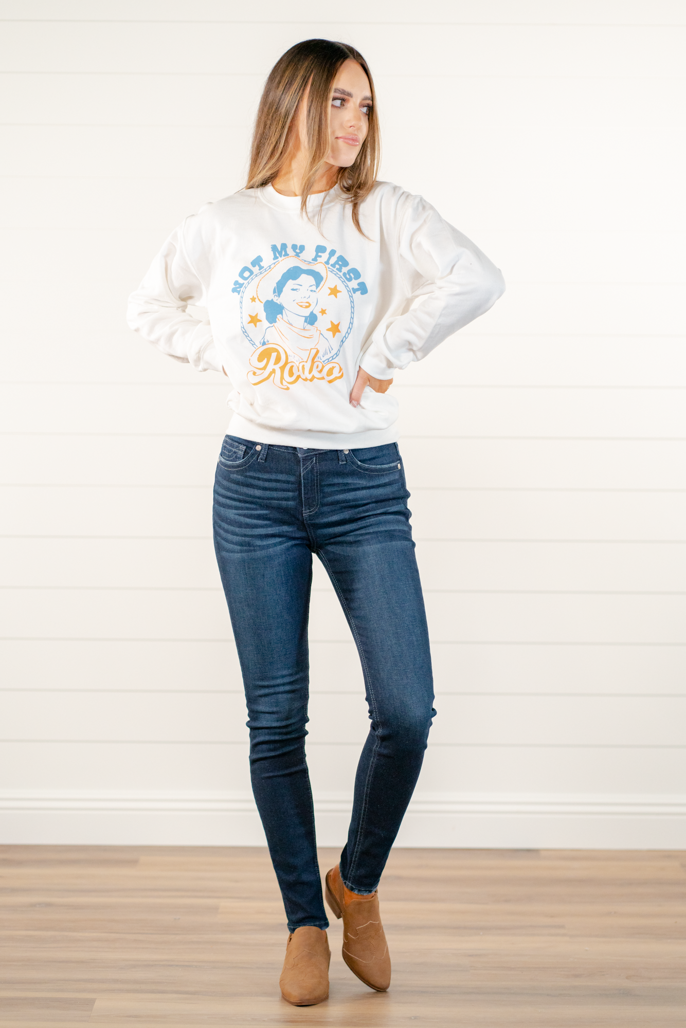 Not My First Rodeo! Color: White Neckline: Round Sleeve: Long Sleeve Oversized Pull Over Style #: 5351-SS Contact us for any additional measurements or sizing.