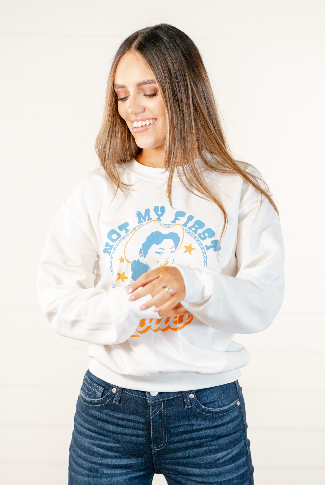 Not My First Rodeo! Color: White Neckline: Round Sleeve: Long Sleeve Oversized Pull Over Style #: 5351-SS Contact us for any additional measurements or sizing.