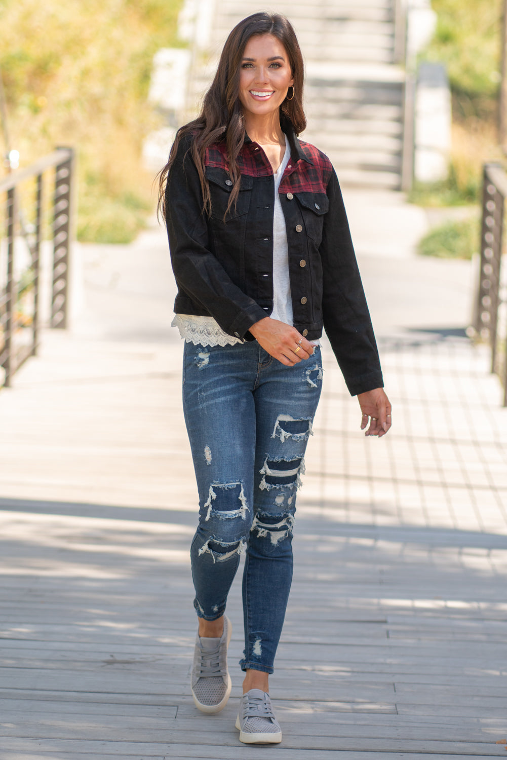 KanCan Jeans Collection: Fall 2020 Color: Buffalo Plaid Red, Black Cut: Half Fit Denim Jacket Material: 100% Cotton Stitching: Classic Style #: KC6293BK Contact us for any additional measurements or sizing. Chloe is 5’8" and 130 pounds. She wears a size 26 in jeans, a small top and 8.5 in shoes. She is wearing a size small in this jacket.