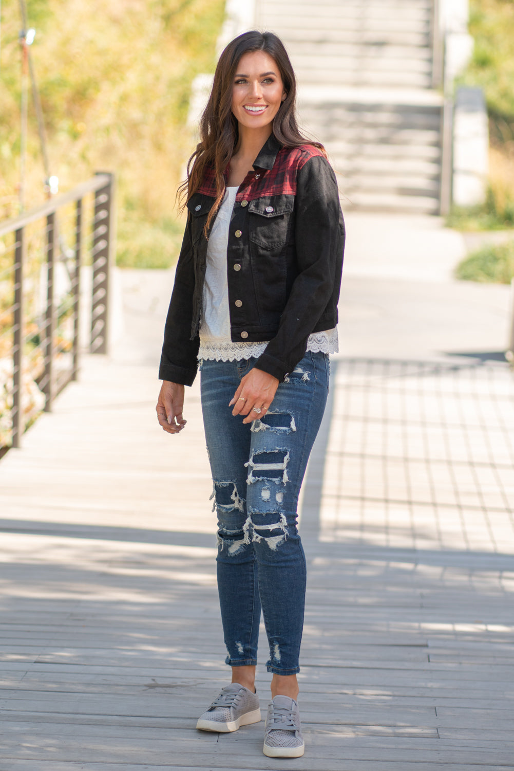 KanCan Jeans Collection: Fall 2020 Color: Buffalo Plaid Red, Black Cut: Half Fit Denim Jacket Material: 100% Cotton Stitching: Classic Style #: KC6293BK Contact us for any additional measurements or sizing. Chloe is 5’8" and 130 pounds. She wears a size 26 in jeans, a small top and 8.5 in shoes. She is wearing a size small in this jacket.