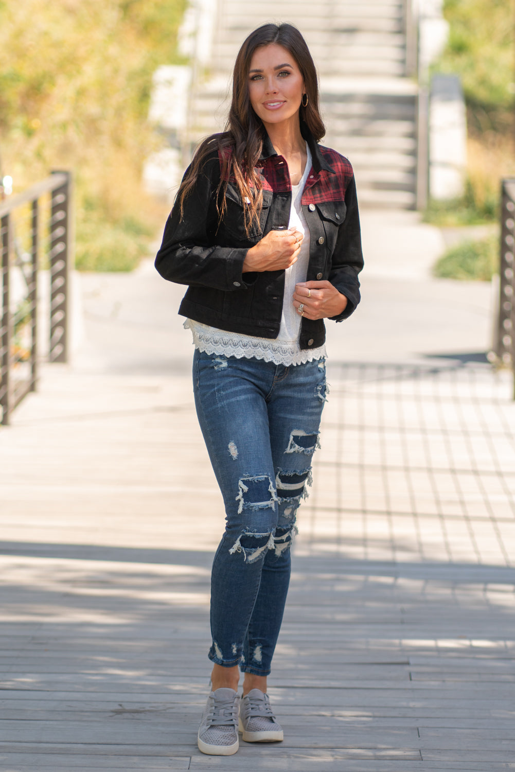 KanCan Jeans Collection: Fall 2020 Color: Buffalo Plaid Red, Black Cut: Half Fit Denim Jacket Material: 100% Cotton Stitching: Classic Style #: KC6293BK Contact us for any additional measurements or sizing. Chloe is 5’8" and 130 pounds. She wears a size 26 in jeans, a small top and 8.5 in shoes. She is wearing a size small in this jacket.