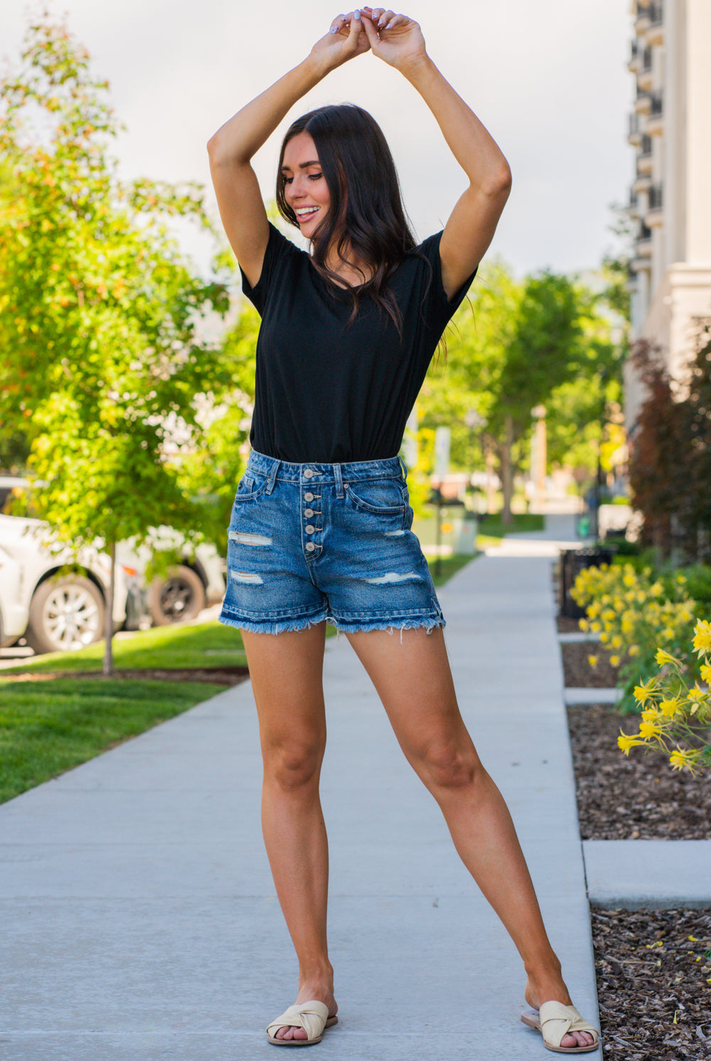 High Rise Boyfriend Shorts By Kan Can Collection: Summer 2020 Boyfriend Shorts High Rise waist, 11" Front Rise Shorts, 3" Inseam Dark Wash Material: 100% COTTON Stitching: Classic Fly: Exposed Button Fly Style #: KC7823D