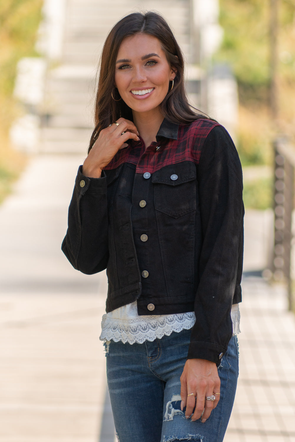 KanCan Jeans Collection: Fall 2020 Color: Buffalo Plaid Red, Black Cut: Half Fit Denim Jacket Material: 100% Cotton Stitching: Classic Style #: KC6293BK Contact us for any additional measurements or sizing. Chloe is 5’8" and 130 pounds. She wears a size 26 in jeans, a small top and 8.5 in shoes. She is wearing a size small in this jacket.