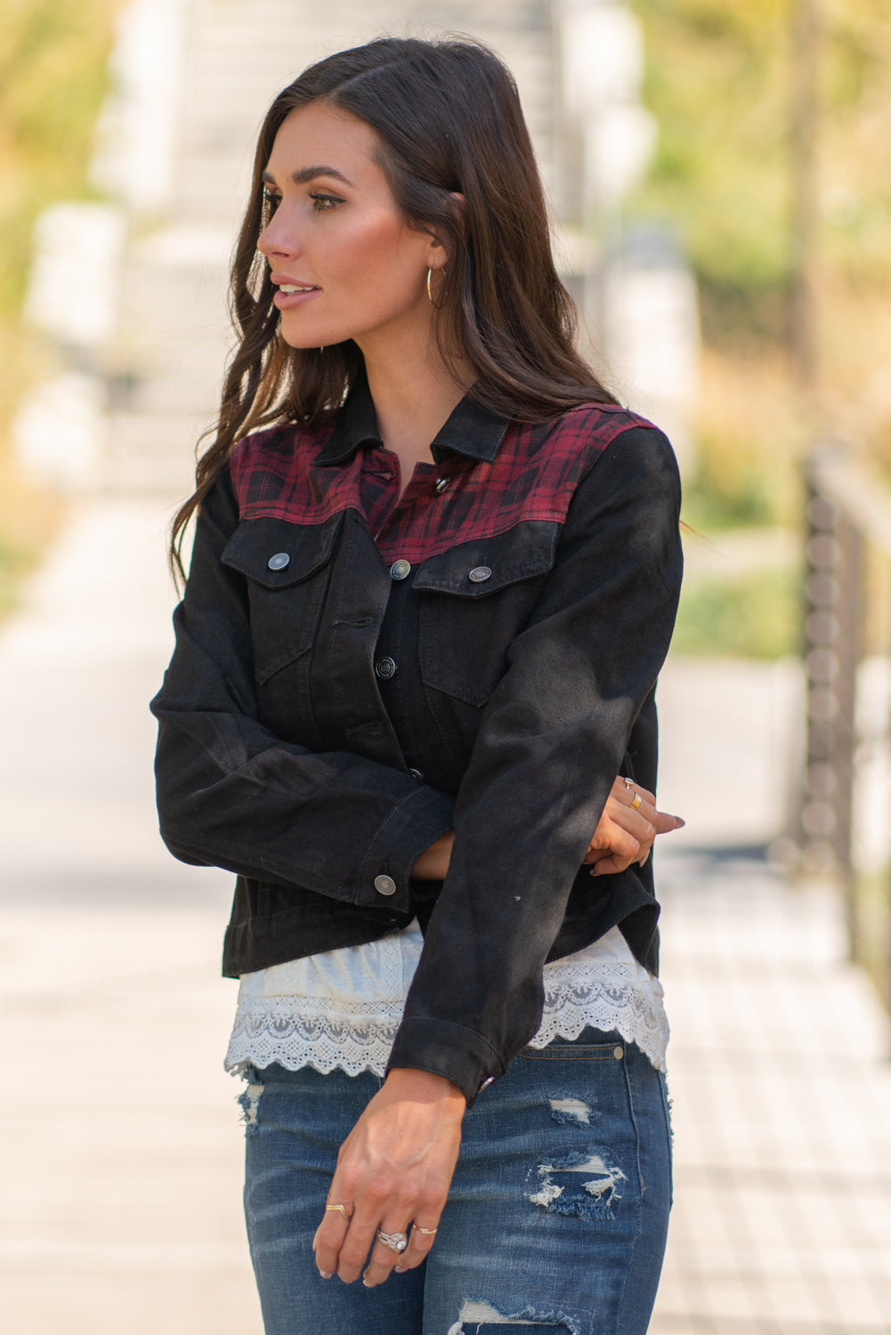KanCan Jeans Collection: Fall 2020 Color: Buffalo Plaid Red, Black Cut: Half Fit Denim Jacket Material: 100% Cotton Stitching: Classic Style #: KC6293BK Contact us for any additional measurements or sizing. Chloe is 5’8" and 130 pounds. She wears a size 26 in jeans, a small top and 8.5 in shoes. She is wearing a size small in this jacket.