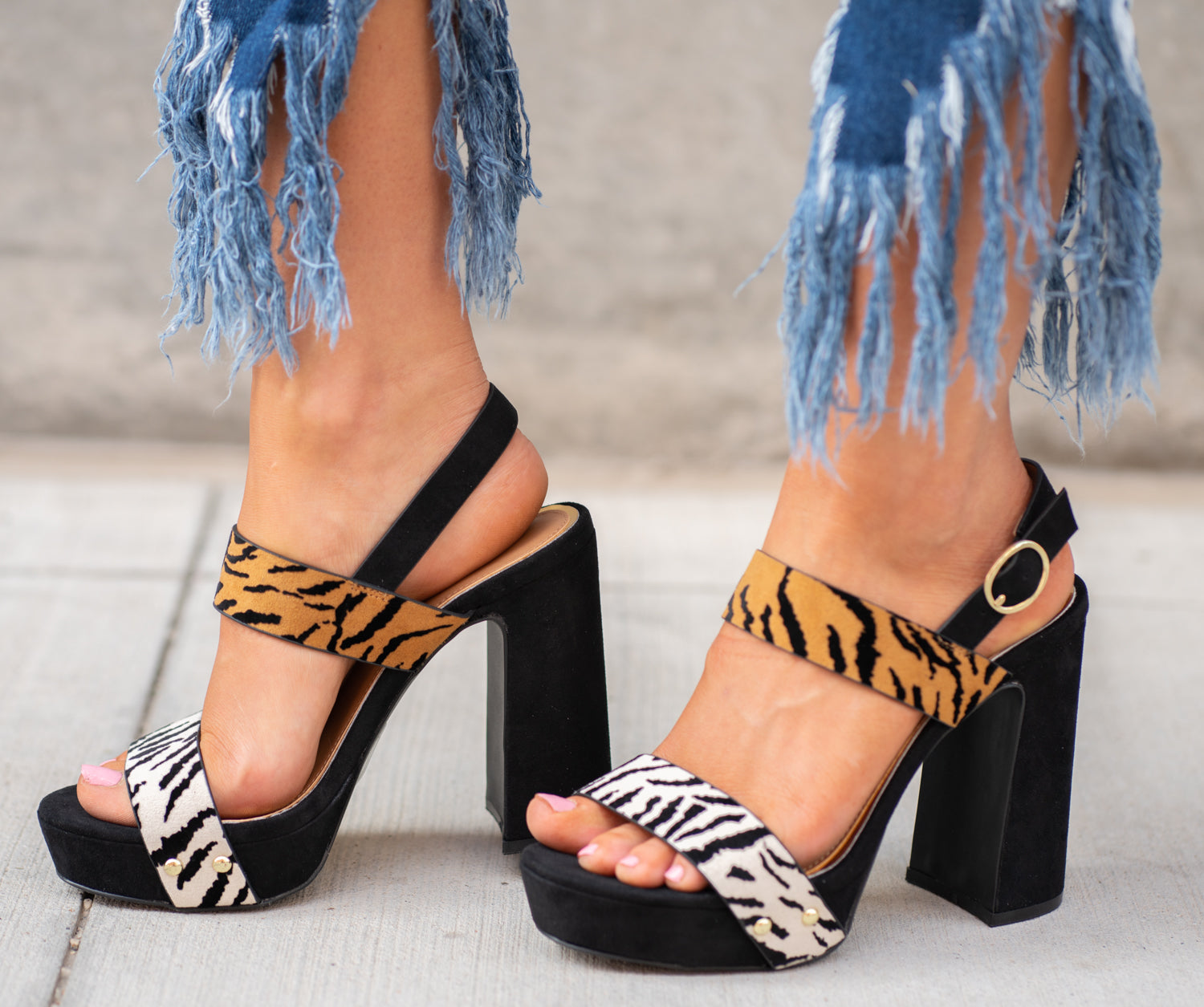 Tiger Print Block Heels by Qupid Style Name: Lighting-15x Color: Stone Black Tiger Faux Suede Cut: Strap Heels Material. Outsole: Rubber Upper: Textile/Manmade Contact us for any additional measurements or sizing.