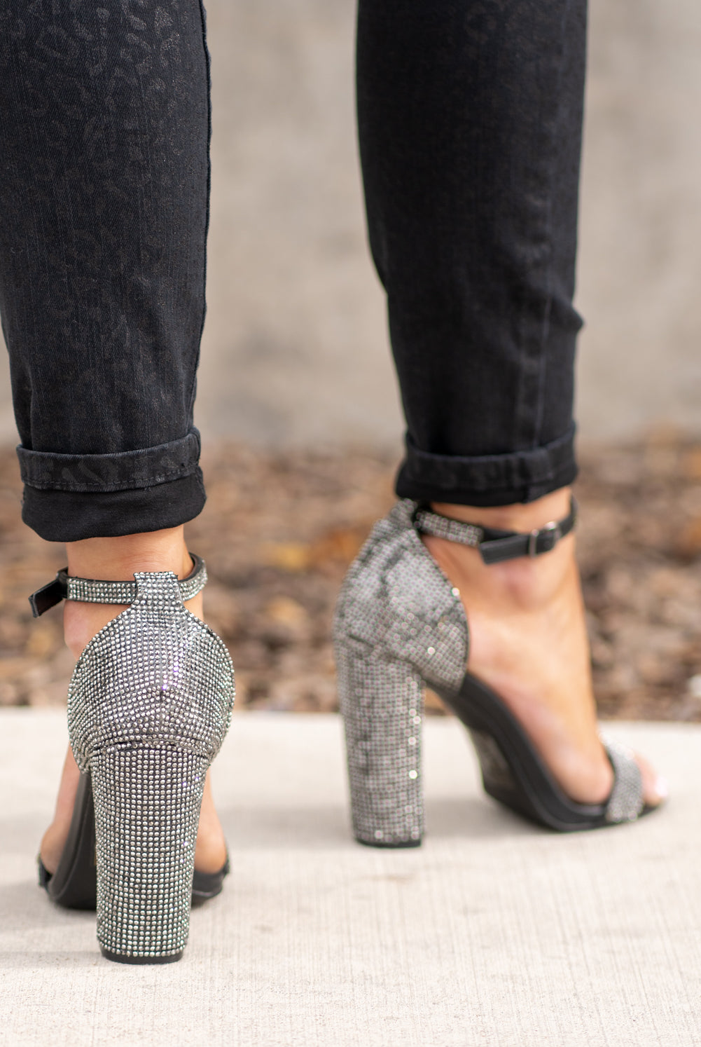 Glitter Strappy Heels by Qupid Style Name: Prenton Color: Black Cut: Zipper Back Sandals Material. Outsole: Rubber Upper: Textile/Manmade Contact us for any additional measurements or sizing.