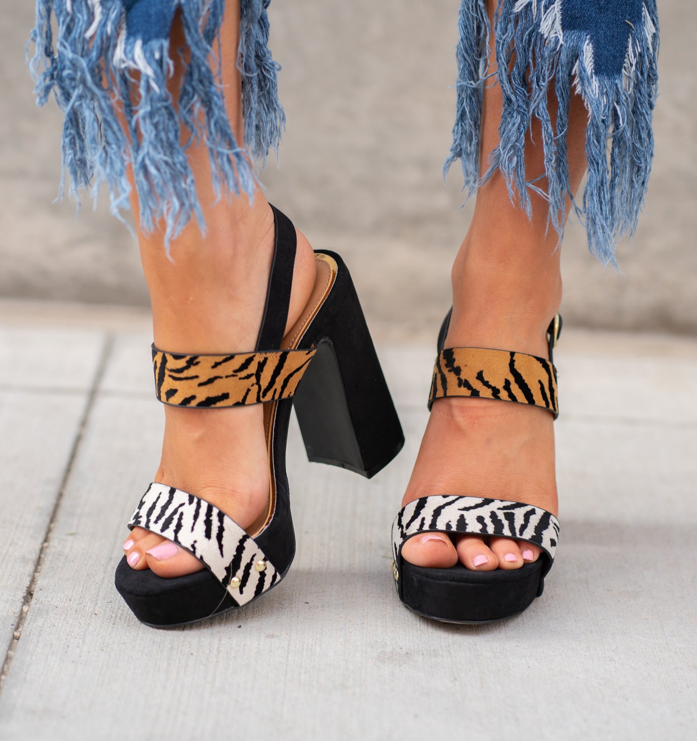 Tiger Print Block Heels by Qupid Style Name: Lighting-15x Color: Stone Black Tiger Faux Suede Cut: Strap Heels Material. Outsole: Rubber Upper: Textile/Manmade Contact us for any additional measurements or sizing.