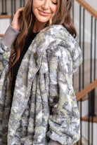 Hem & Thread   This is that cozy jacket you will throw on every day and go! One size fits most with an open neckline and long sleeves and side pockets.   Color: Gray Camo Neckline: Open  Sleeve: Long 100% POLYESTER Style #: 19919C-GrayCamo