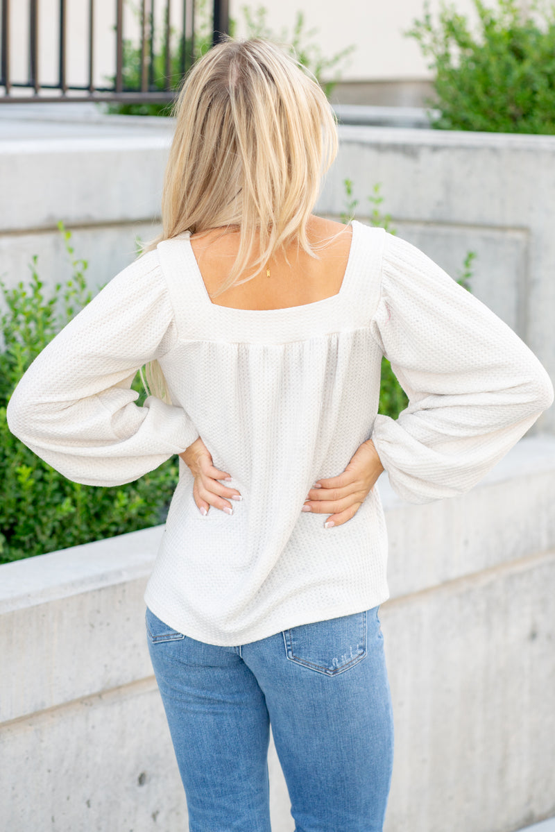 Two Tone Waffle Square Neck Shirred Top - Ivory
