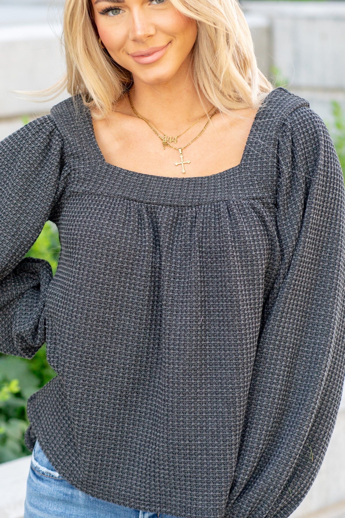 Two Tone Waffle Square Neck Shirred Top - Black