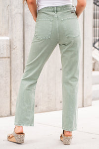 Olive Green Ultra High Rise Distressed Straight Leg