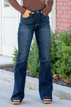 KanCan Jeans  These high-rise flare jeans in a dark stone wash offer comfort stretch and a clean, non-distressed finish with a zip fly. Perfect for a polished and timeless look. Color: Dark Blue Cut: Flare, 34" Inseam*  Rise: High-Rise, 10.5" Front Rise* Material: 99.3% COTTON, 0.7% SPANDEX Stitching: Classic Fly: Zipper Style #: KC7340D *Measured on the smallest size, measurements may vary by size.