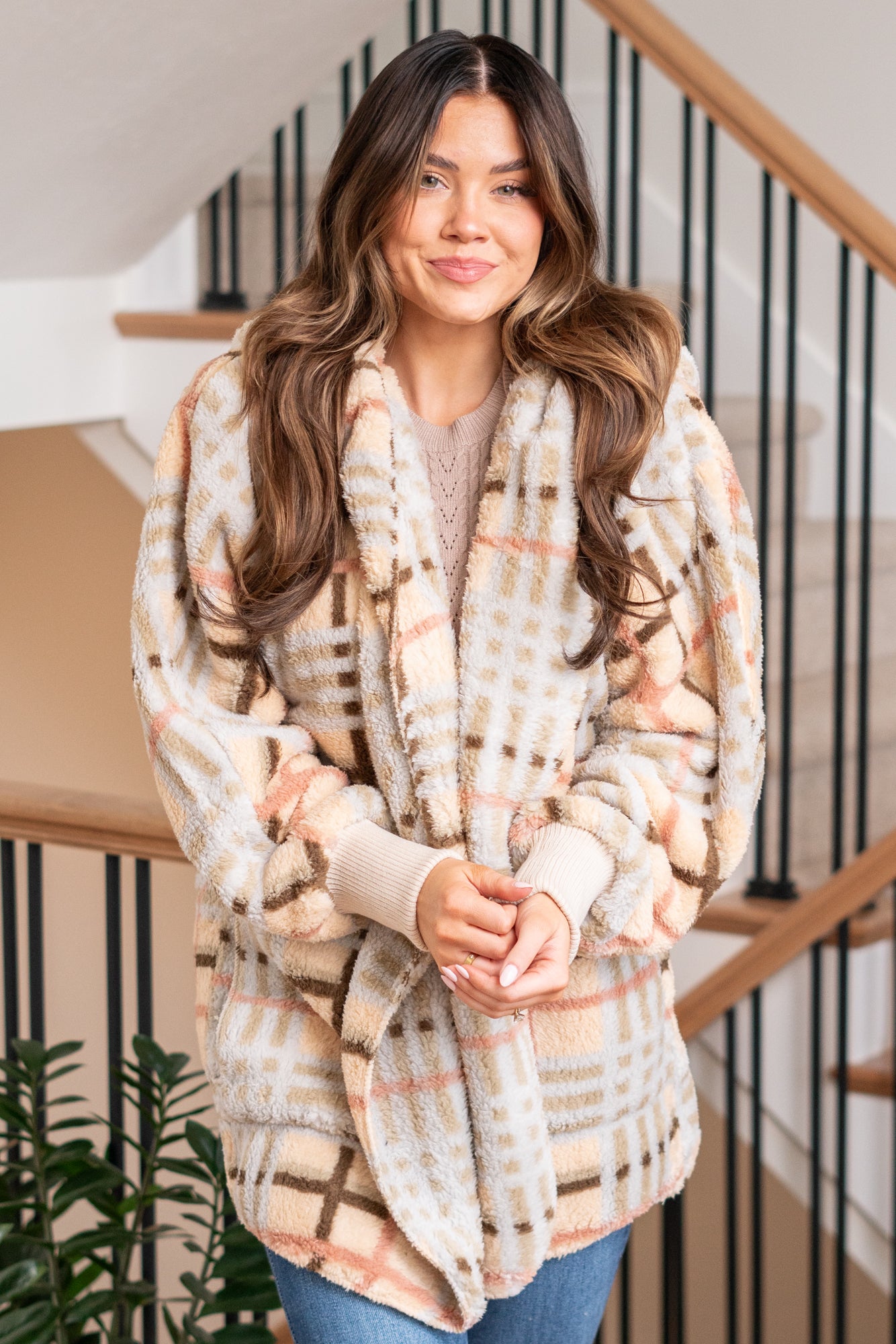 Hem & Thread   This is that cozy jacket you will throw on every day and go! One size fits most with an open neckline and long sleeves and side pockets.   Color: Cream Mix Neckline: Open  Sleeve: Long 100% POLYESTER Style #: 19378C-CreamMix