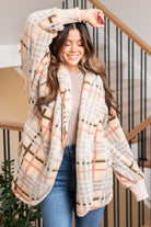 Hem & Thread   This is that cozy jacket you will throw on every day and go! One size fits most with an open neckline and long sleeves and side pockets.   Color: Cream Mix Neckline: Open  Sleeve: Long 100% POLYESTER Style #: 19378C-CreamMix