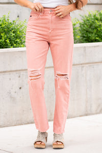 Coral Ultra High Rise Distressed Straight Leg