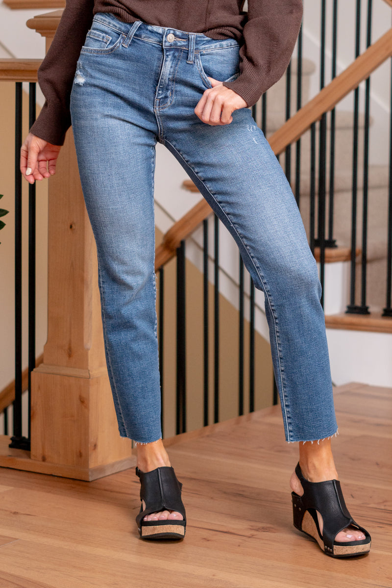 Flying Monkey  Introducing the Prudent High Rise Straight jeans with a raw hem, a perfect blend of sophistication and edge. These jeans feature a flattering high-rise silhouette and a contemporary straight leg, providing a versatile and timeless look. The raw hem adds a touch of modernity, making them suitable for both casual and more dressed-up occasions