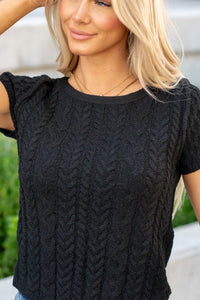 Cable Knit Low Gauge Short Sleeve Sweater Top - Black