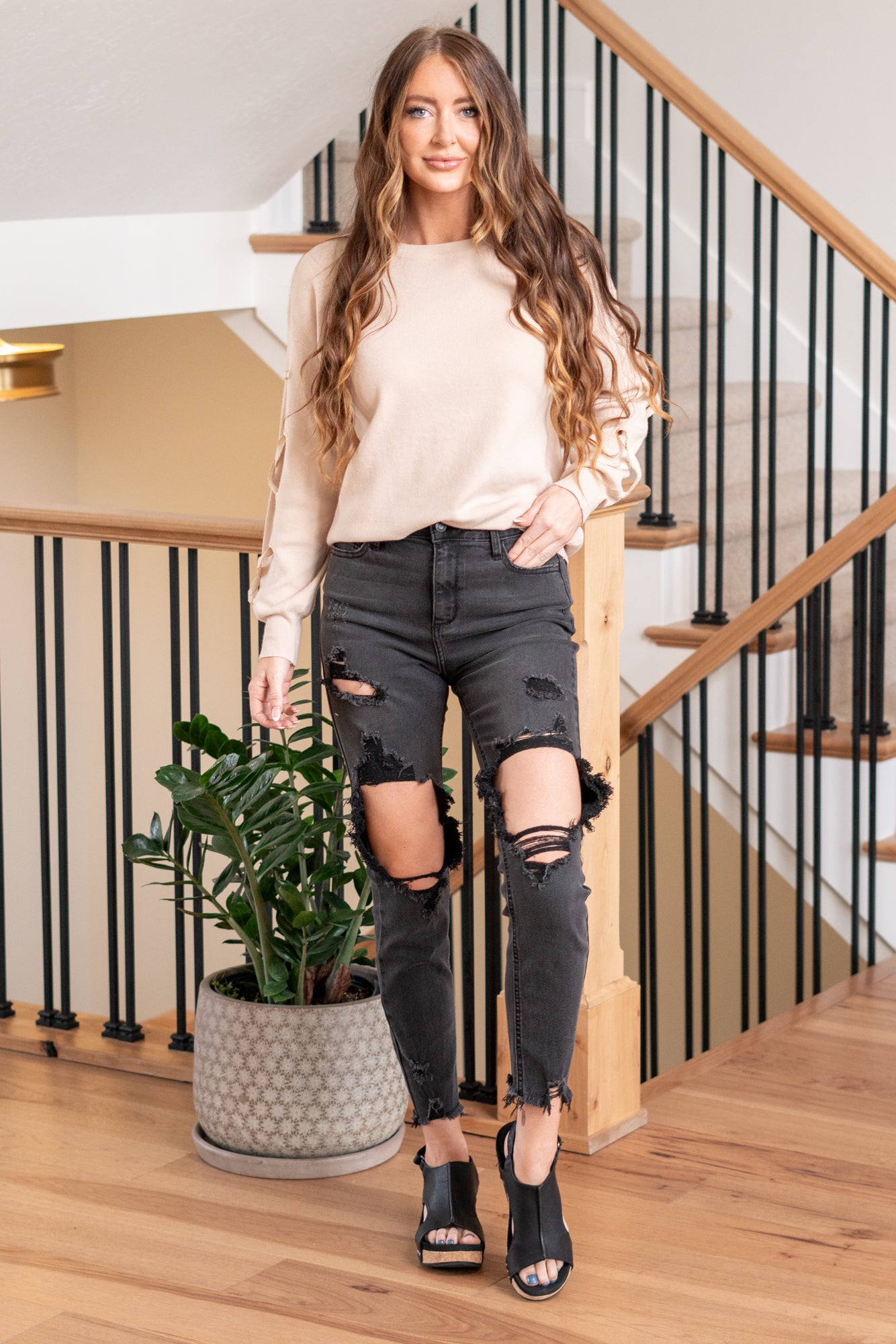 Cello Jeans  These Mom Skinny Jeans offer a fit that’s as flattering as it is comfortable. Inspired by the 90s, this jet black wash style with big cutouts along with frayed hem detail gives your look an authentic, vintage vibe.  Cut: Skinny, 27" Inseam*  Rise:-Rise, 11" Front Rise* Color: Black  60% Cotton 34% Polyester 4% Rayon 2% Spandex Fly: Zipper    Style #: WV77209M-BLK1