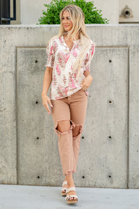 Smocked Puff Sleeve V Neck Top - Peach & Pink