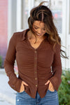 Ruched Button Down Collared Top - Cocoa