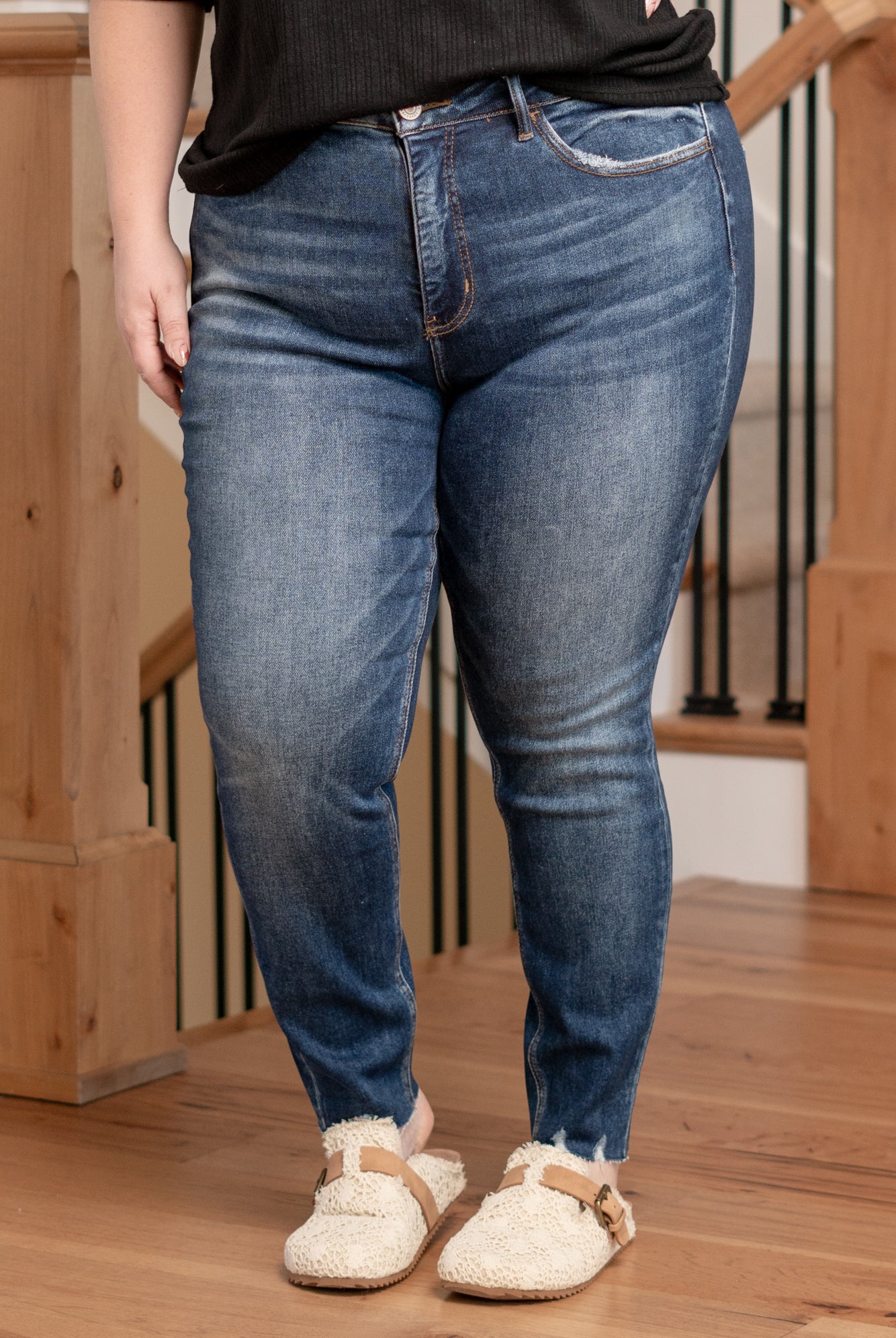 Lovervet by VERVET   Make a bold statement with the Non-Violence High Rise Cropped Skinny jeans featuring a distressed hem. These jeans boast a high-rise silhouette and a cropped skinny fit, providing a flattering and on-trend look. The distressed hem adds a touch of edginess, making them a versatile choice for both casual and elevated looks.