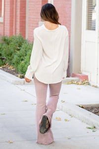 V Neck Rumpled Fabric Blouse - Off White