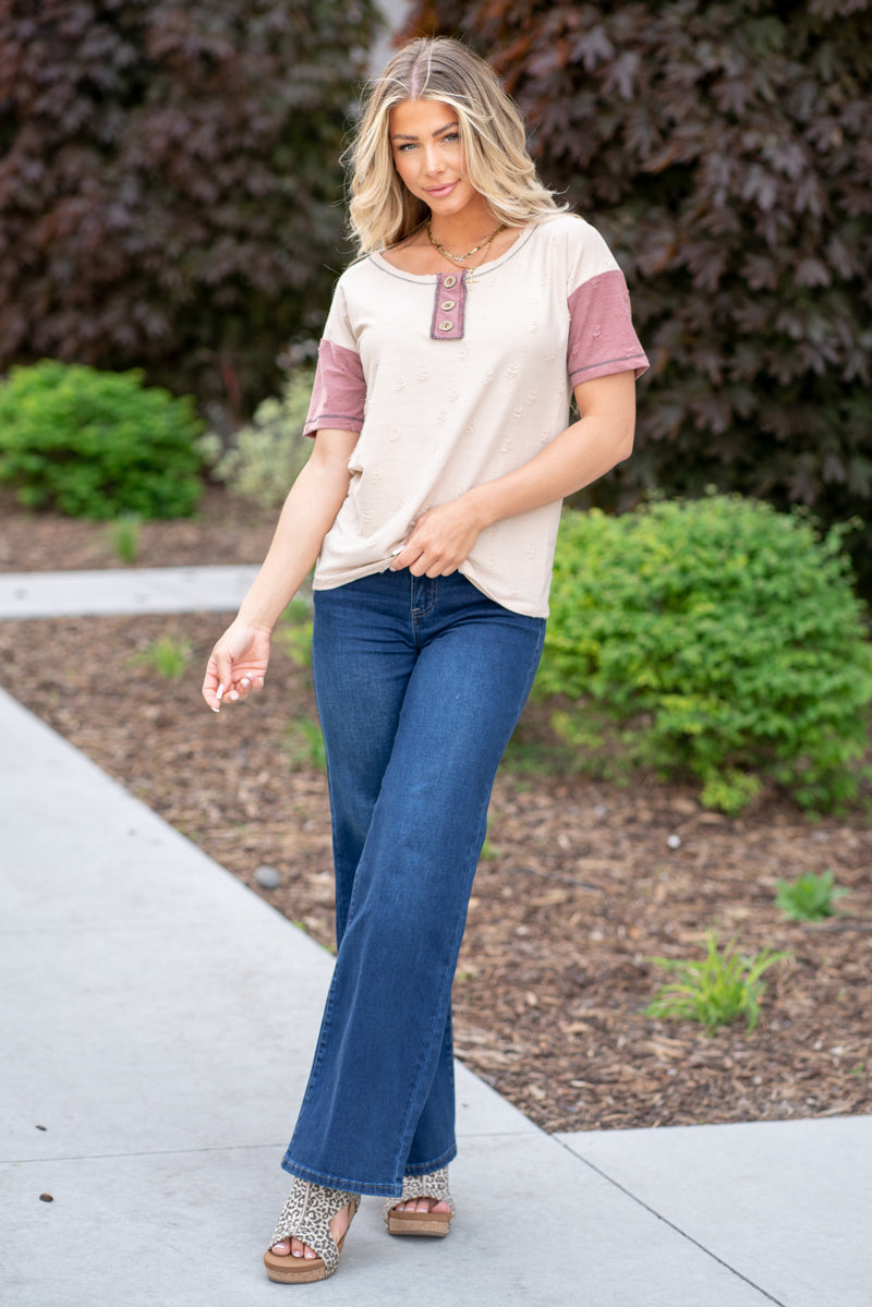 Colorblock Henley Top - Taupe