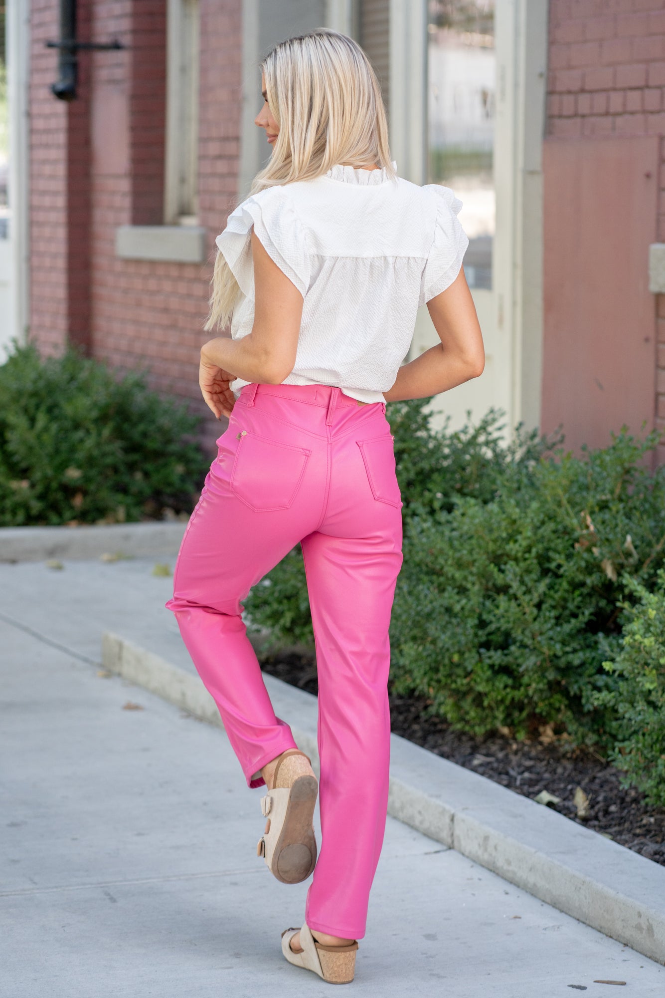 Rose Pink High-Waisted Tummy Control Faux Leather Jeans - Reg