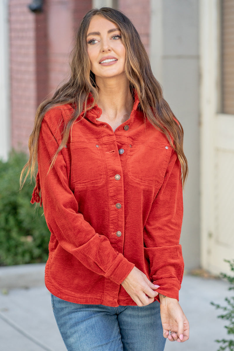 Rust Shacket Woman Judy Blue Jeans | Rust Corduroy Over-dyed Fringe Shacket JB7831 ...