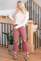 Vervet Flying Monkey Jeans  These jeans feature a high waist with a cropped flare bottom and distressed legs in a pretty balsam wash in nonstretch denim.  Color: Russet Brown Cut: Crop Flare, 27* Rise: High Rise, 10" Front Rise* Material: 100% Cotton Machine Wash Separately In Cold Water Stitching: Classic Fly: Zipper Style #: V2736RU