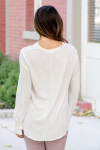 V Neck Rumpled Fabric Blouse - Off White