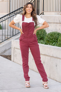 Maroon Garment Dyed High Rise Double Cuffed Overalls - Reg & Plus