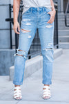 Flying Monkey Jeans  Rigid denim and a slouchy fit make these cute boyfriend jeans perfect for everyday wear. Name: Worn Blue  Wash: Light Blue Cut: Straight Fit, 26.5" Inseam* Rise: High Rise, 10.5" Front Rise* 100% Cotton Fly: Zipper   Style #: F4300   Contact us for any additional measurements or sizing.   *Measured on the smallest size, measurements may vary by size. 