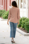 Snow Washed Color Block Ribbed Henley - Rose