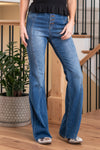 Cello Jeans  With premium fabric and careful hand-stitched design, we created these dreamy 70's inspired flares. These jeans are high waisted and fitted. Made to hug your hips and accentuate your curves.  Cut: Flare, 34" Inseam*  Rise:-Rise, 11.5" Front Rise* Color: Dark Wash  55% Cotton 29% Polyester 13% Rayon 3% Spandex Fly: Button Fly Style #: AB38073DK-1