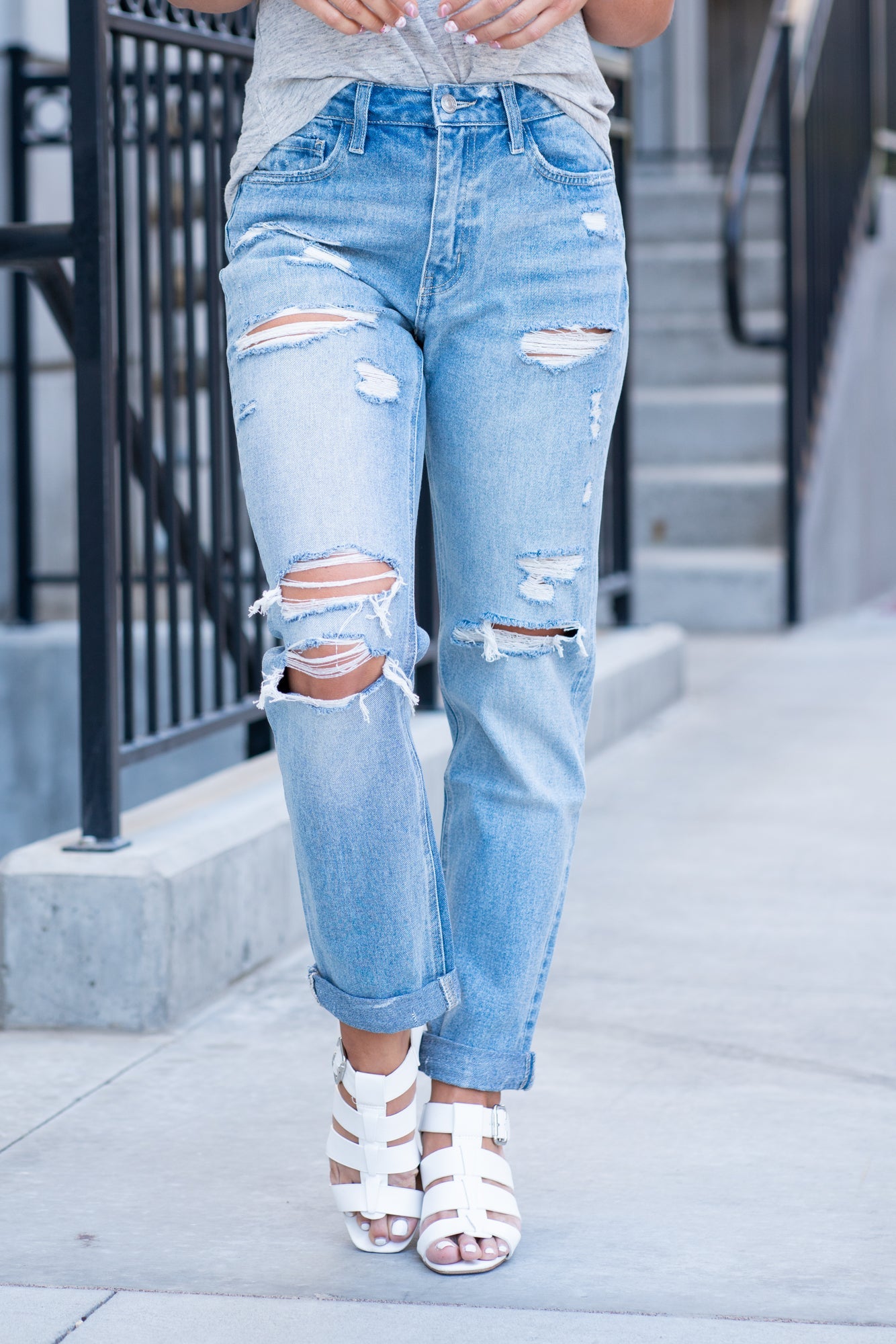 Flying Monkey Jeans  Rigid denim and a slouchy fit make these cute boyfriend jeans perfect for everyday wear. Name: Worn Blue  Wash: Light Blue Cut: Straight Fit, 26.5" Inseam* Rise: High Rise, 10.5" Front Rise* 100% Cotton Fly: Zipper   Style #: F4300   Contact us for any additional measurements or sizing.   *Measured on the smallest size, measurements may vary by size. 