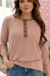 Snow Washed Color Block Ribbed Henley - Rose