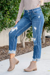 KanCan Jeans  These mid-rise boyfriend jeans hit at exactly the right spot on your waist and with some spandex, these will stretch as you wear and get super comfy!  Color: Dark Blue Wash Cut: Cuffed Boyfriend, 26" Inseam* Rise: Mid-Rise, 9.25" Front Rise* 99% COTTON, 1% SPANDEX Stitching: Classic Fly: Zipper Style #: KC8652D Contact us for any additional measurements or sizing.  