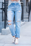 Flying Monkey Jeans  Rigid denim and a slouchy fit make these cute boyfriend jeans perfect for everyday wear. Name: Worn Blue  Wash: Light Blue Cut: Straight Fit, 26.5" Inseam* Rise: High Rise, 10.5" Front Rise* 100% Cotton Fly: Zipper   Style #: F4300   Contact us for any additional measurements or sizing.   *Measured on the smallest size, measurements may vary by size. 