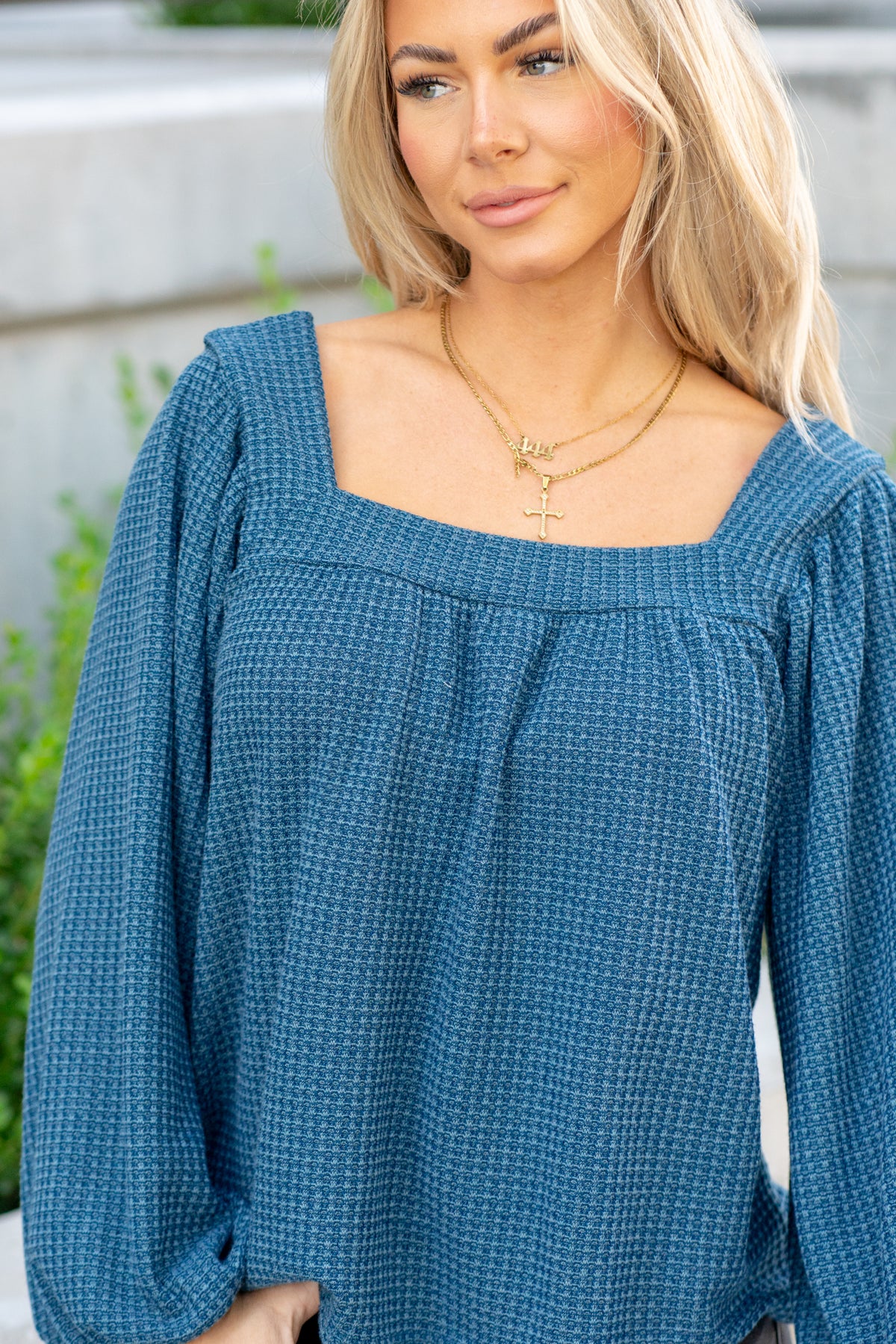 Two Tone Waffle Square Neck Shirred Top - Dark Teal